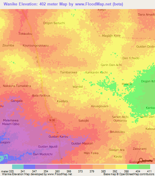 Wanike,Niger Elevation Map