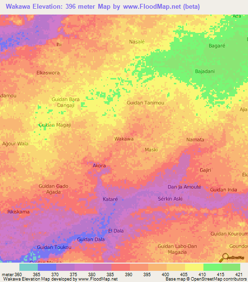 Wakawa,Niger Elevation Map