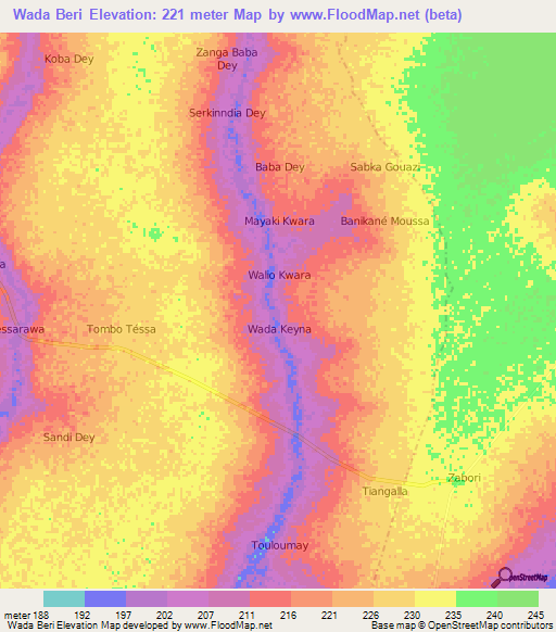 Wada Beri,Niger Elevation Map