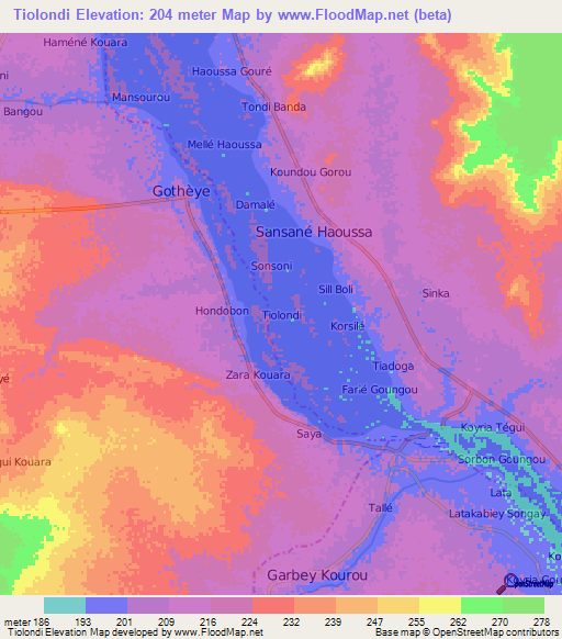 Tiolondi,Niger Elevation Map