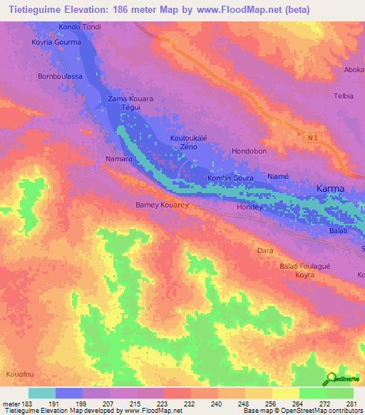 Tietieguime,Niger Elevation Map