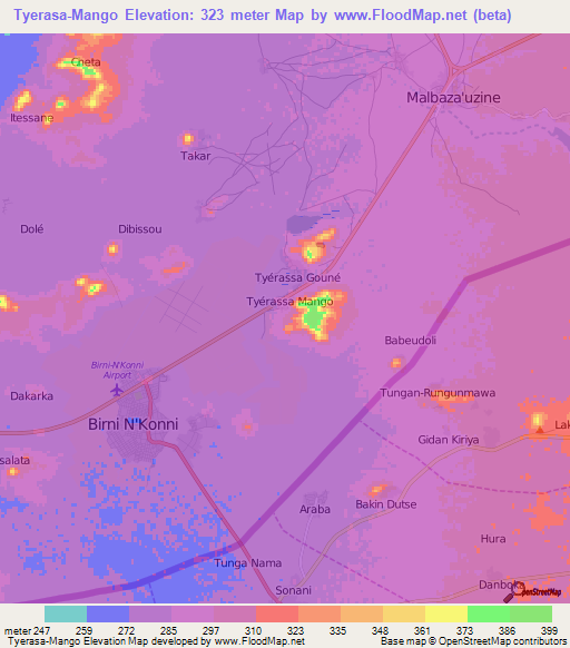 Tyerasa-Mango,Niger Elevation Map