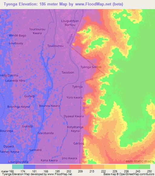 Tyenga,Niger Elevation Map