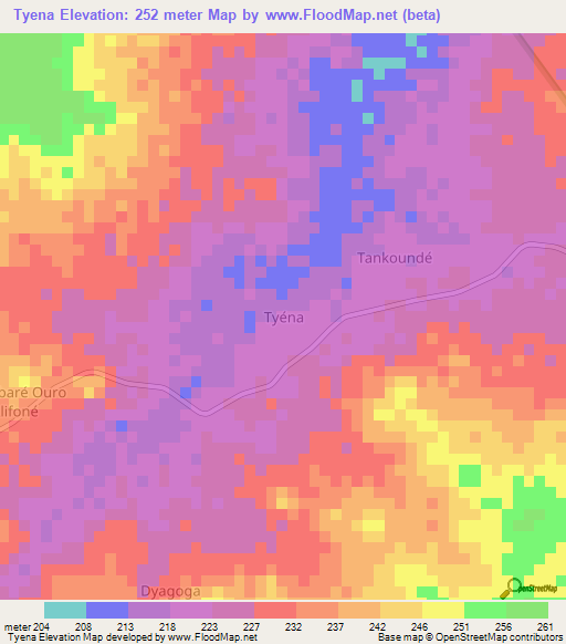 Tyena,Niger Elevation Map