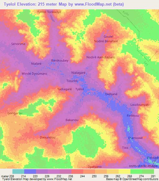 Tyelol,Niger Elevation Map