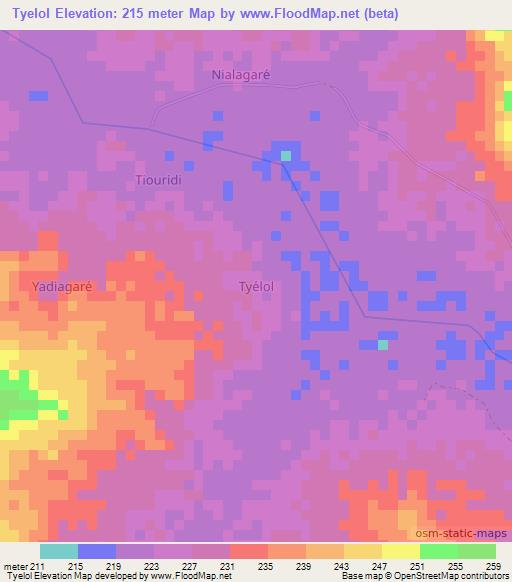 Tyelol,Niger Elevation Map