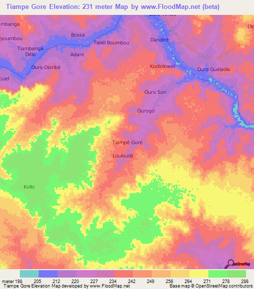 Tiampe Gore,Niger Elevation Map