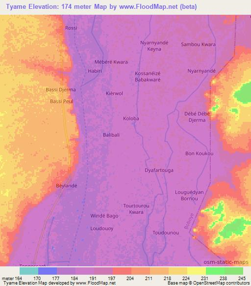 Tyame,Niger Elevation Map