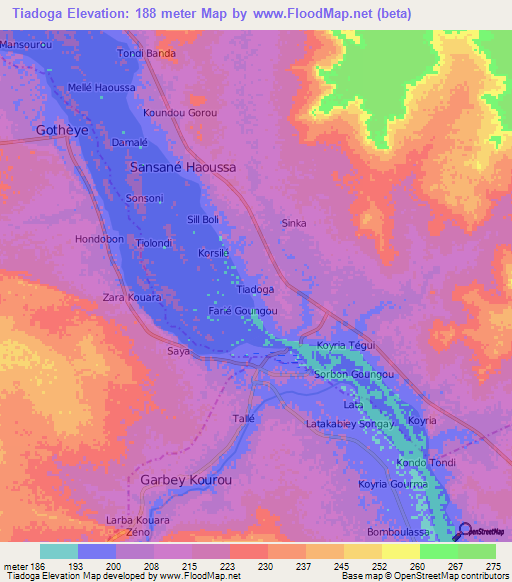 Tiadoga,Niger Elevation Map