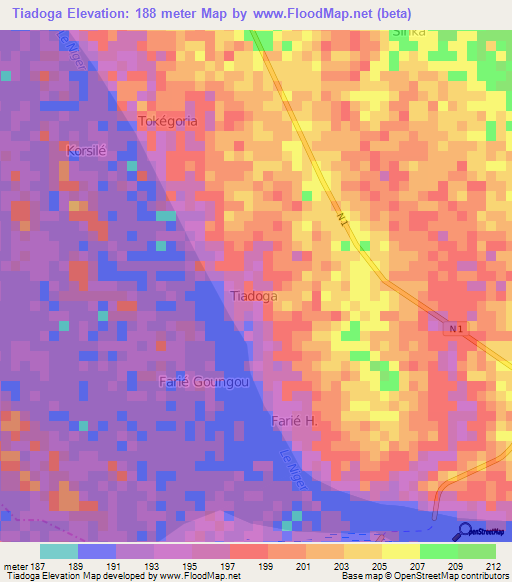 Tiadoga,Niger Elevation Map