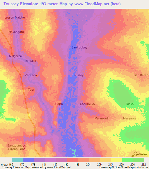 Toussey,Niger Elevation Map