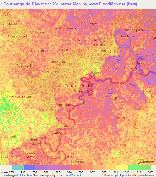 Tourbanguida,Niger Elevation Map
