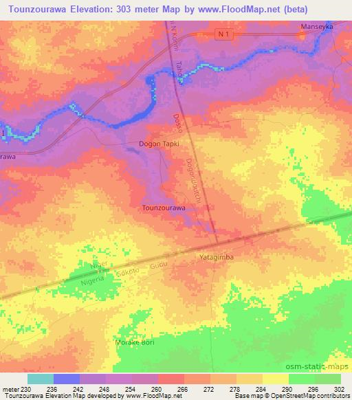 Tounzourawa,Niger Elevation Map