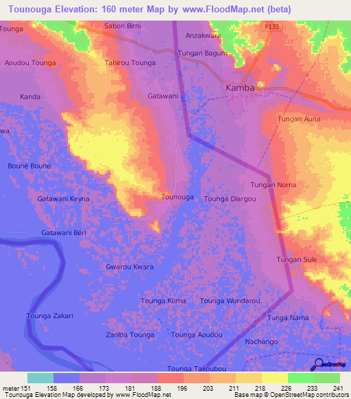 Tounouga,Niger Elevation Map