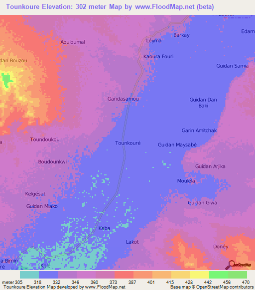Tounkoure,Niger Elevation Map