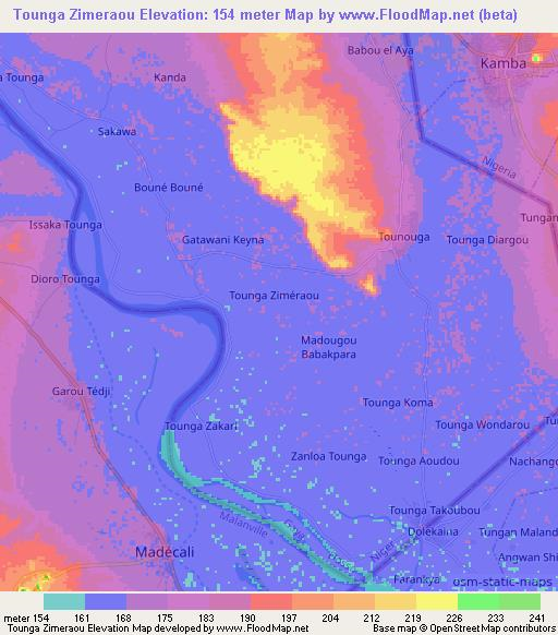 Tounga Zimeraou,Niger Elevation Map