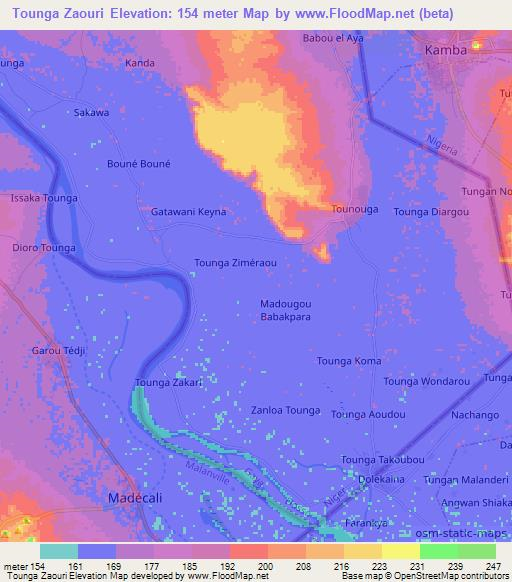 Tounga Zaouri,Niger Elevation Map