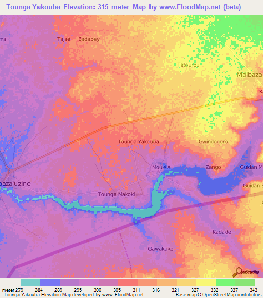 Tounga-Yakouba,Niger Elevation Map