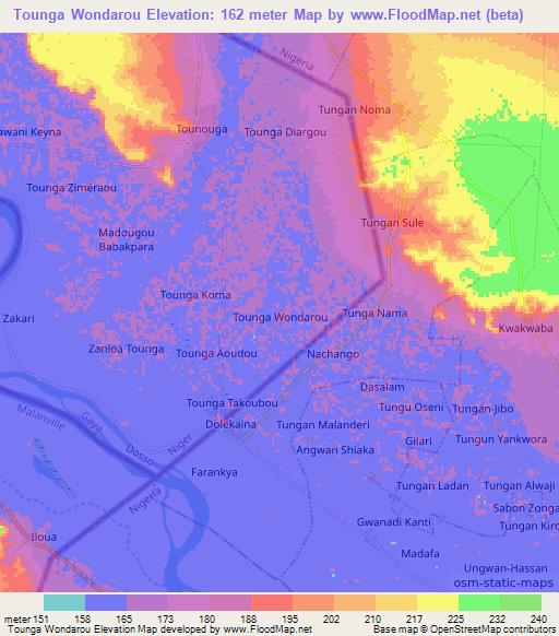 Tounga Wondarou,Niger Elevation Map