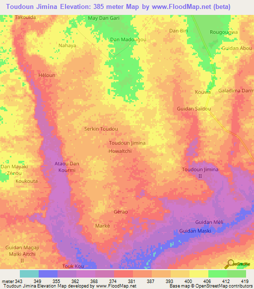 Toudoun Jimina,Niger Elevation Map