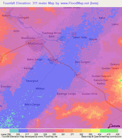 Tounfafi,Niger Elevation Map