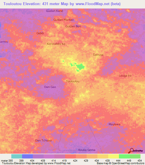 Touloutou,Niger Elevation Map