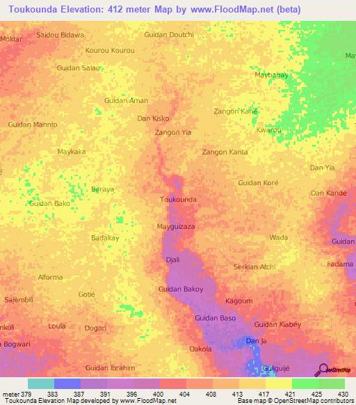 Toukounda,Niger Elevation Map