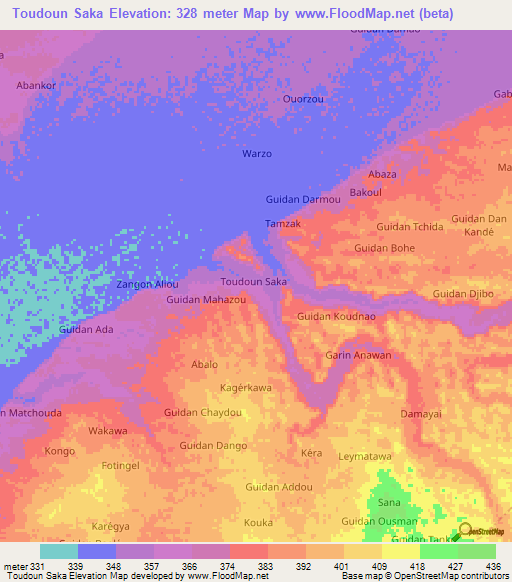 Toudoun Saka,Niger Elevation Map