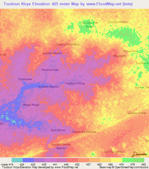 Toudoun Kirya,Niger Elevation Map