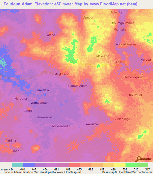 Toudoun Adam,Niger Elevation Map