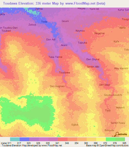 Toudawa,Niger Elevation Map