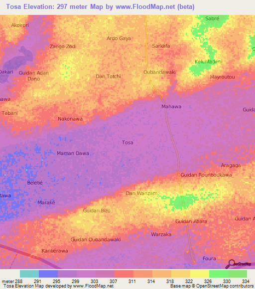 Tosa,Niger Elevation Map