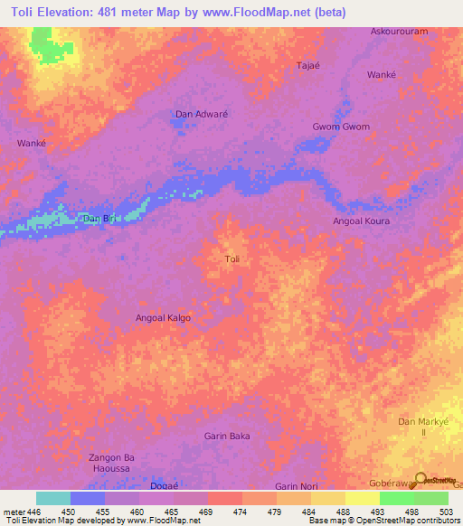 Toli,Niger Elevation Map