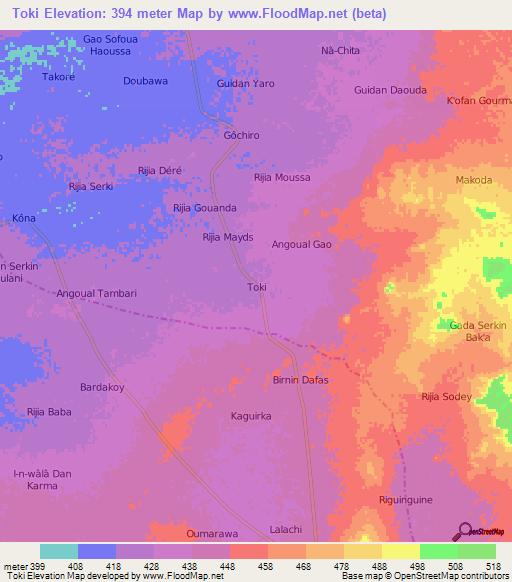 Toki,Niger Elevation Map