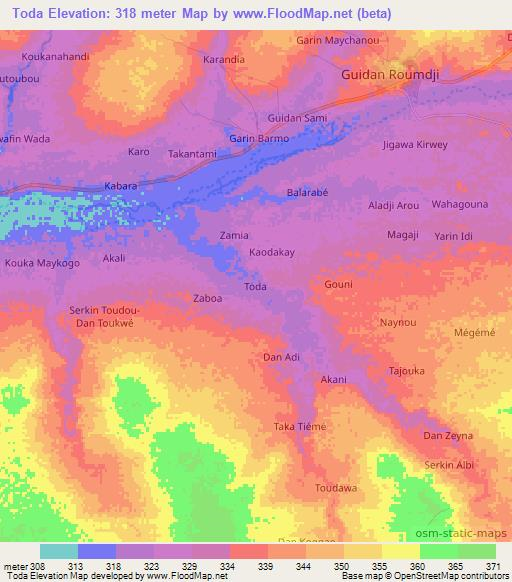 Toda,Niger Elevation Map