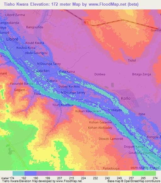 Tiaho Kwara,Niger Elevation Map