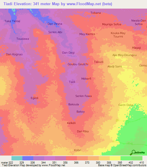 Tiadi,Niger Elevation Map