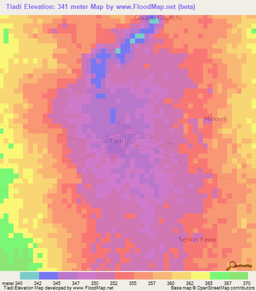 Tiadi,Niger Elevation Map