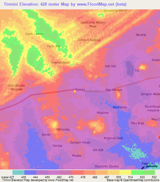 Tirmini,Niger Elevation Map