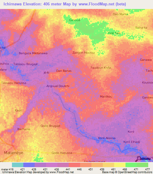 Ichirnawa,Niger Elevation Map