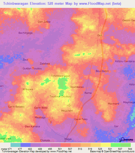 Tchinbwaragan,Niger Elevation Map
