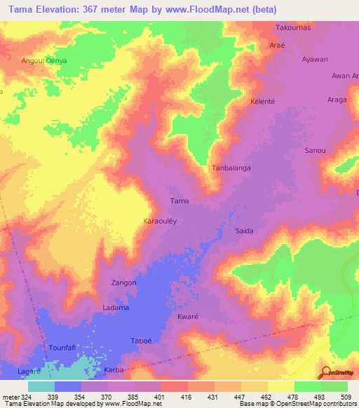 Tama,Niger Elevation Map