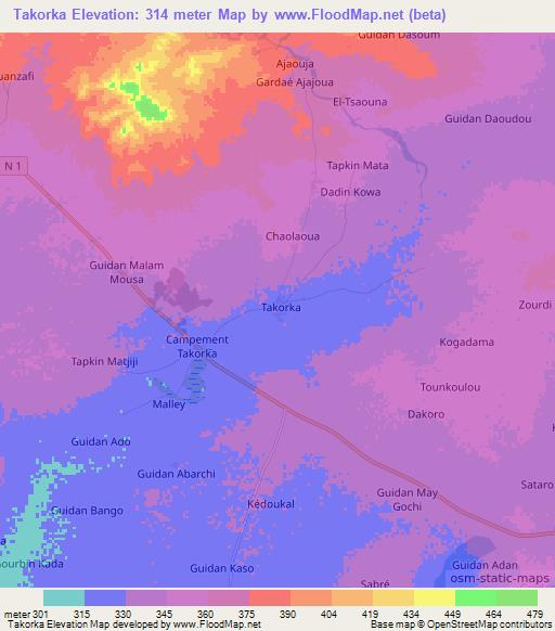 Takorka,Niger Elevation Map