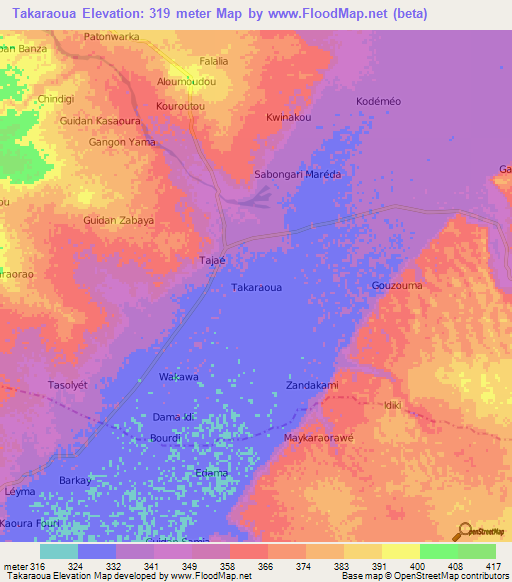 Takaraoua,Niger Elevation Map