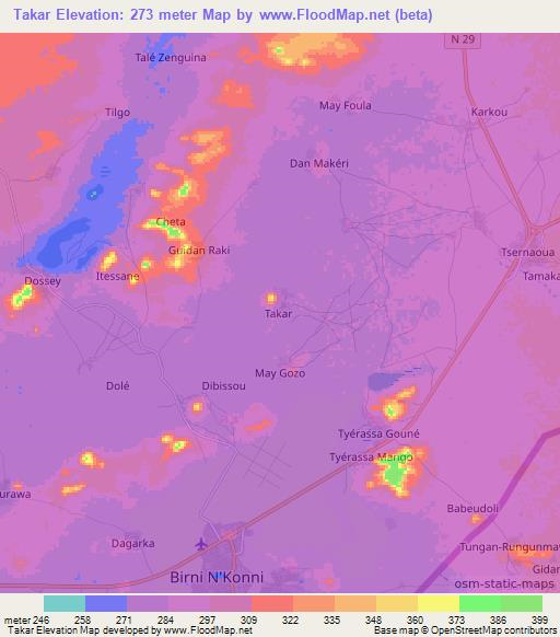 Takar,Niger Elevation Map