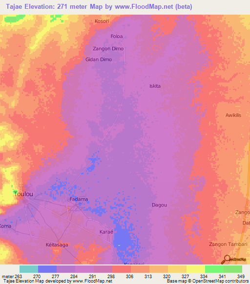 Tajae,Niger Elevation Map