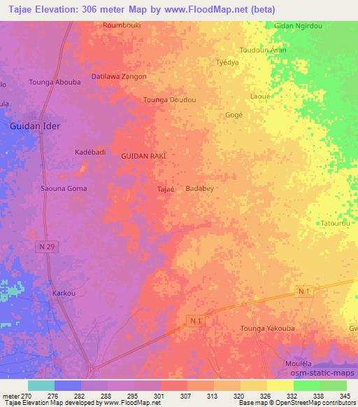 Tajae,Niger Elevation Map