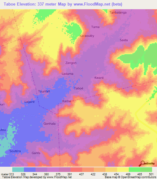 Taboe,Niger Elevation Map