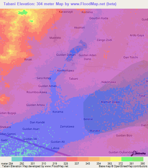Tabani,Niger Elevation Map