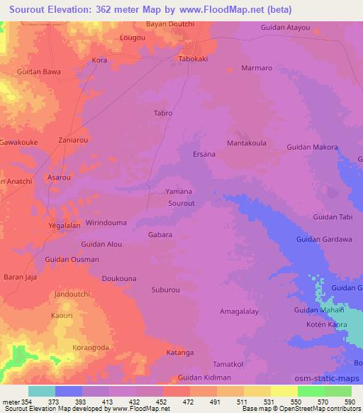 Sourout,Niger Elevation Map